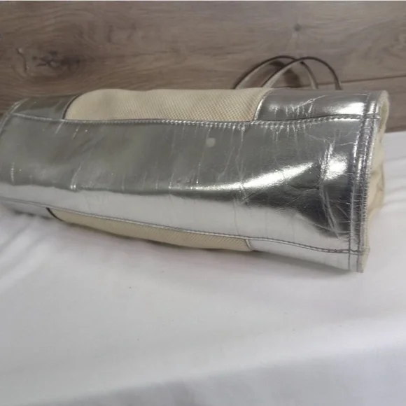 Tory Burch Small Ella Natural Canvas Silver Leather Trim Tote Bag Purse - Picture 5 of 8